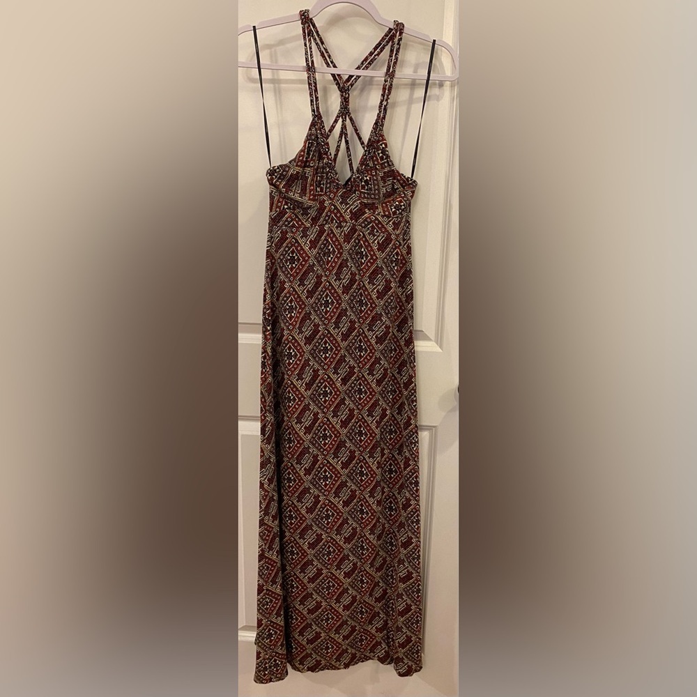 Forever 21 Tank Maxi Dress Sz S Black/Red/Tan/Beige Aztec Design Lined V-neck